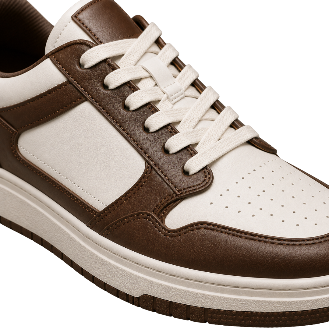 Premium Panelled Leather Trainers – Brown & White | Westton Clower