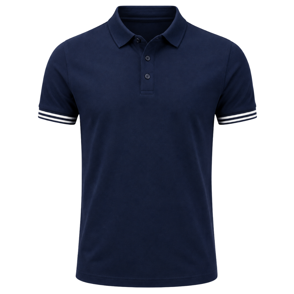 Premium Navy Striped-Cuff Polo Shirt | Westton Clower