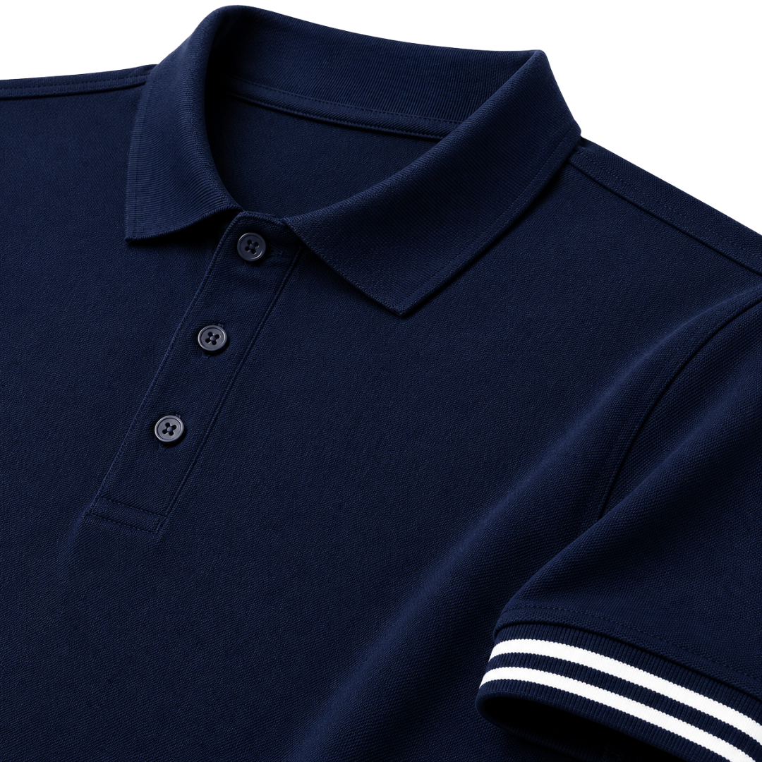Premium Navy Striped-Cuff Polo Shirt | Westton Clower